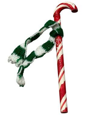 Vintage Red & White Candy Cane Ornament With Green & White Scarf 4" Used READ